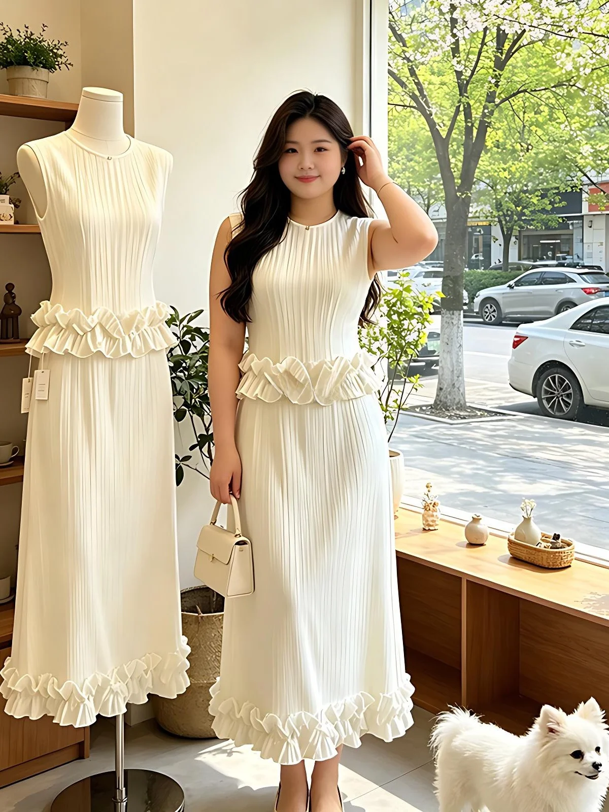 

Summer New Style plus Size Women's Fashion Set with Lace Trim Sleeveless Pleated Top And Half-length Skirt Non-repeating Design