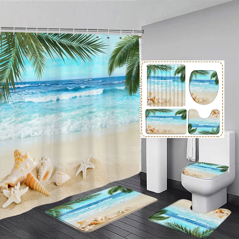 Ocean Landscape Shower Curtain Set Palm Leaves Starfish Conch Sea Wave Beach Bathroom Decor Non-Slip Rug Bath Mats Toilet Cover