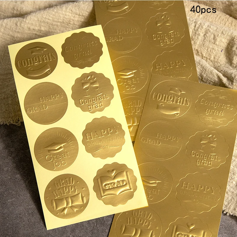 40Pcs Embossed Graduation Stickers Gold Foil Diploma Certificate Seals Self Adhesive Seal Stickers Grad Pary Gift Sealing Labels