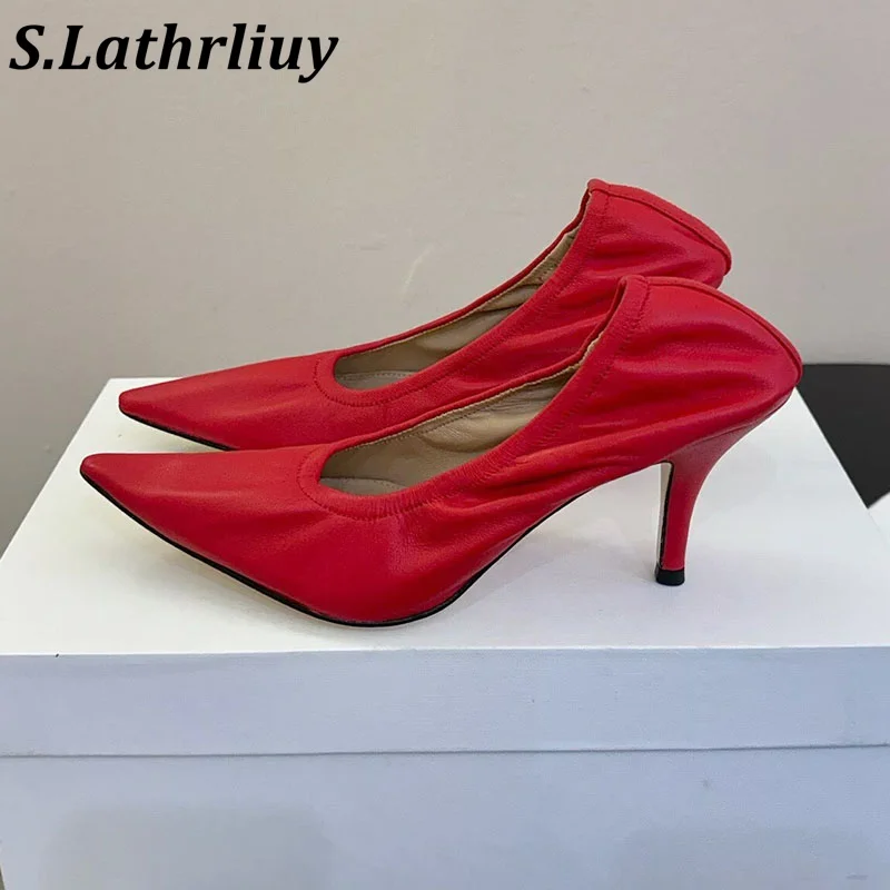 heels High Spring new Leather Pointed Fine High Heels Women's  Elastic Mouth Design Shallow Sandals Fashion Banquet Dress Shoes
