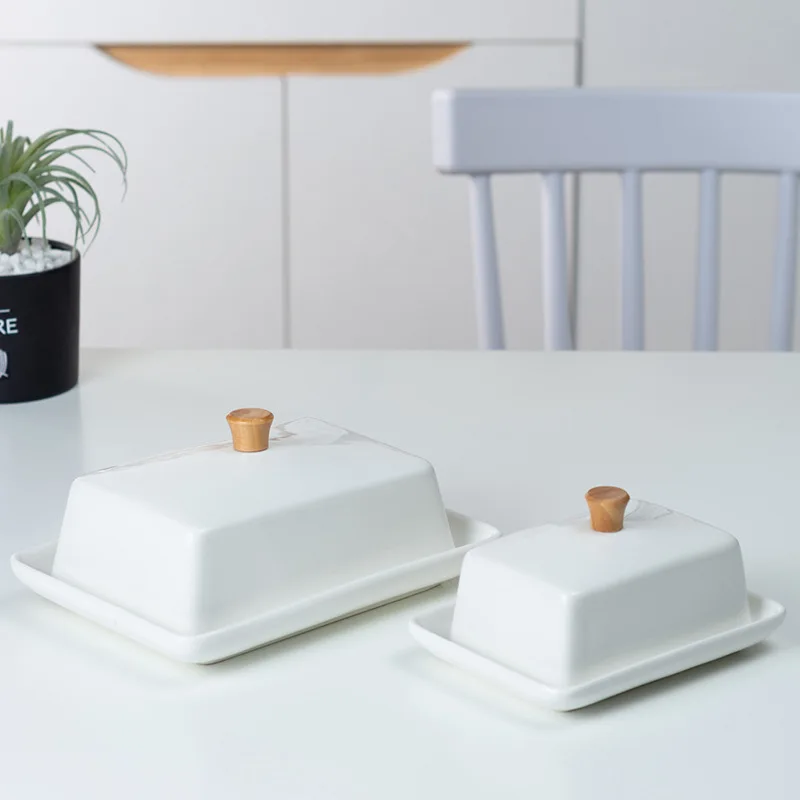 Ceramic bamboo wood butter dish with lid, cross-border rectangular Western style butter storage box set, bread and butter box