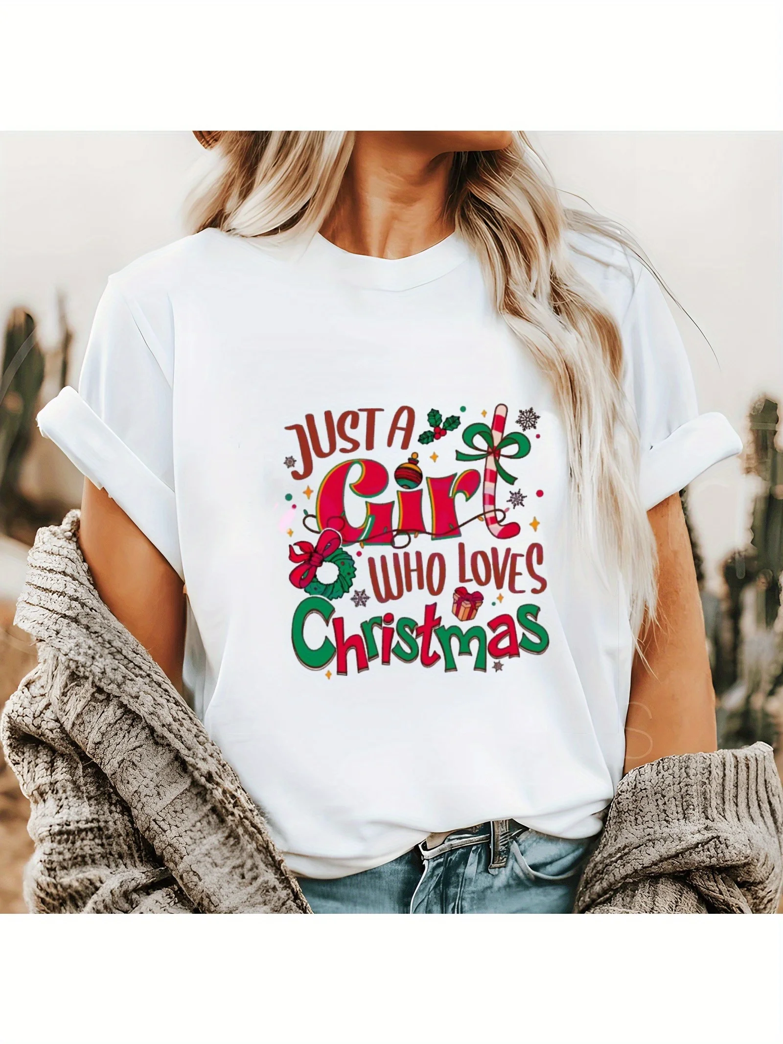 「Just A Who Loves Christmas」レディース Tシャツ カラフルなクリスマス サマー 半袖 原宿 ストリートウェア トップス Tシャツ