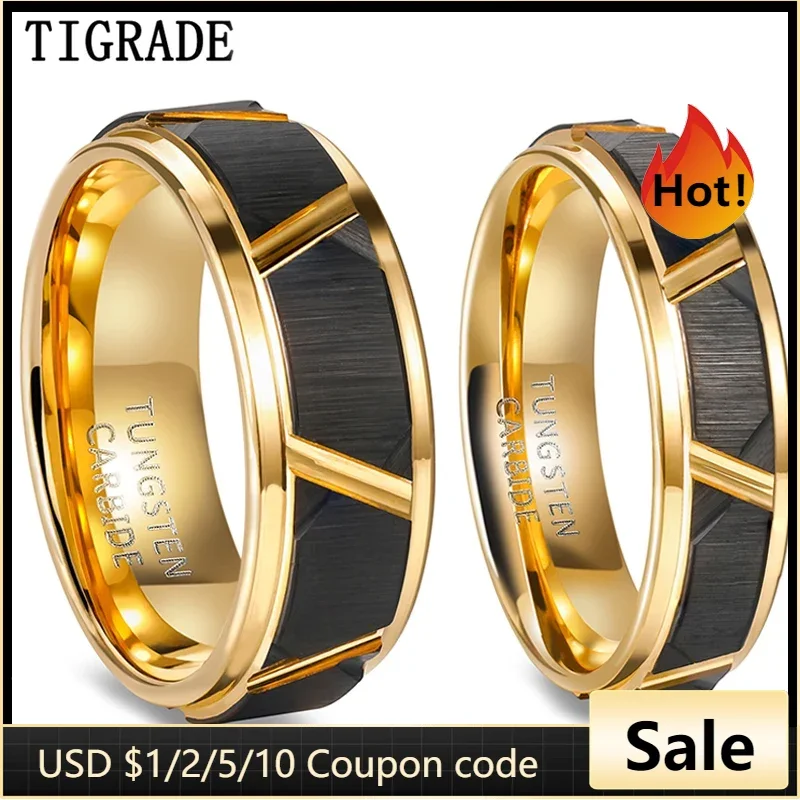 Tigrade 6mm/8mm Mens Tungsten Rings Groove Beveled Edge Pattern Brushed Black Gold Color Wedding Bands Engagement Ring