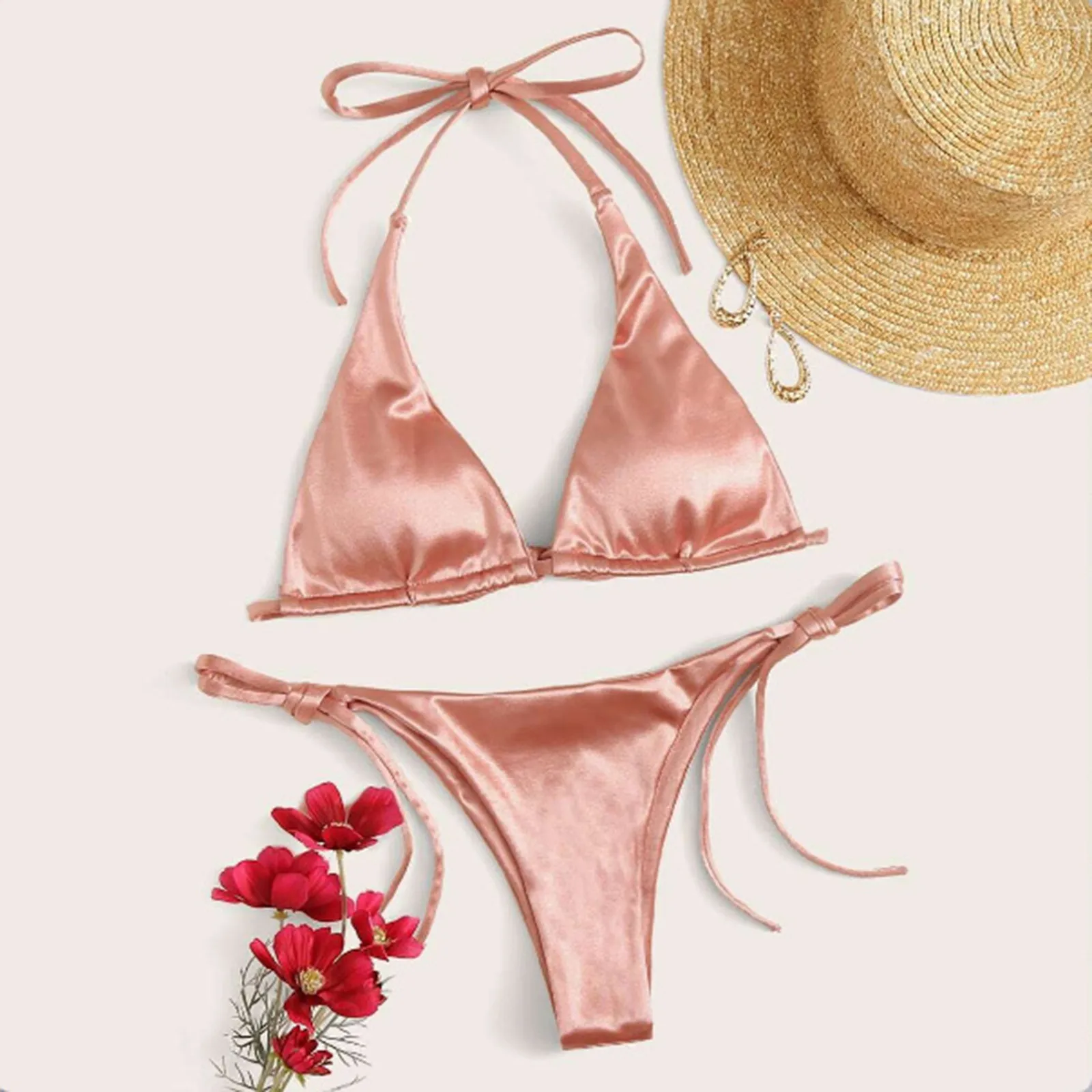 Sexy Solid Color Bikinis Swimwear Bathing Suits Summer Casual Beach Holiday Hanging Neck Tie Thong Swimwear Bikini Two Piece Set