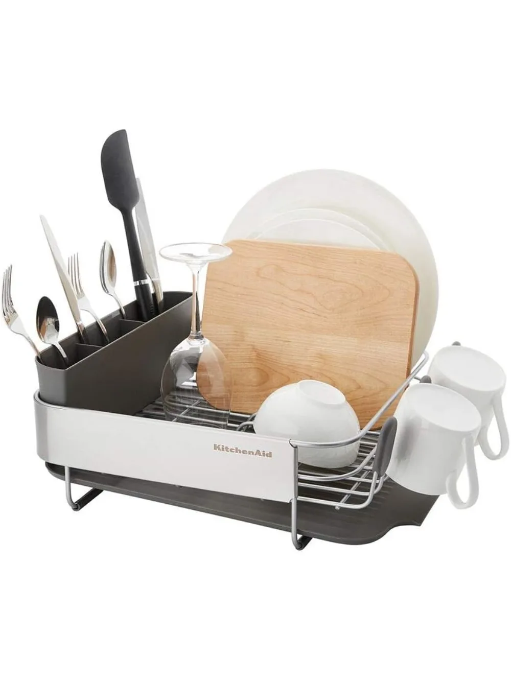 رف أطباق مدمج موفر للمساحة مع لوح تصريف ذاتي الصرف وعلبة أطباق قابلة للإزالة، رمادي 16 بوصة للمطابخ الصغيرة