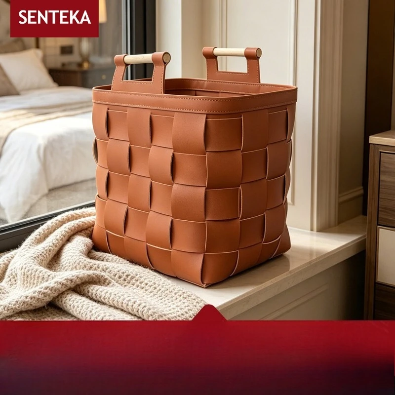 

Saddle Leather Woven Storage Basket, Vintage Rattan Tote Basket, Large Capacity Home Organizer for Clutter, Eco-Friendly