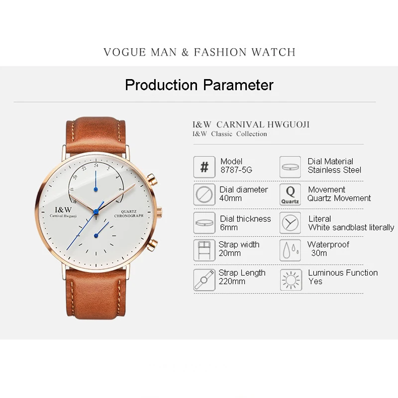 Carnival High-End Series IW Brand Ultra Thin Simple Quartz Watch for Men Luxury Genuine Leather Strap Sapphire Mens Watches