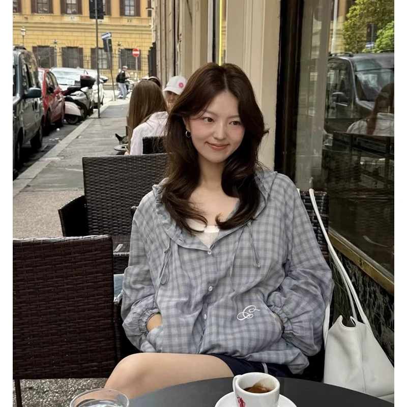 

Легкая клетчатая куртка с капюшоном, женская ранняя осень Fre Sle, удобная дышащая длинная све irt