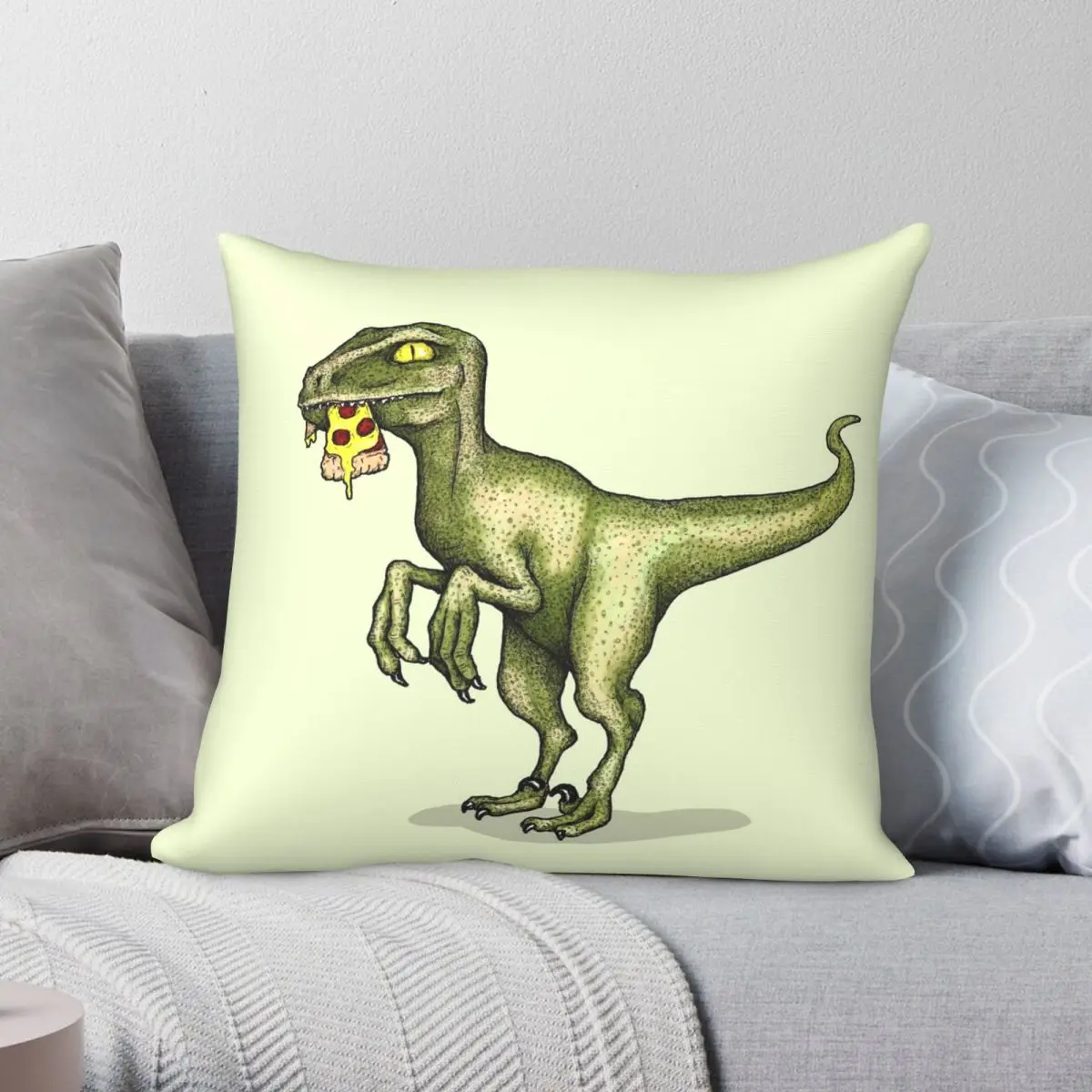 

Raptor Dinosaur Eating Pizza Slice Square Pillowcase Polyester Linen Velvet Printed Zip Decor Room Cushion Cover 18"