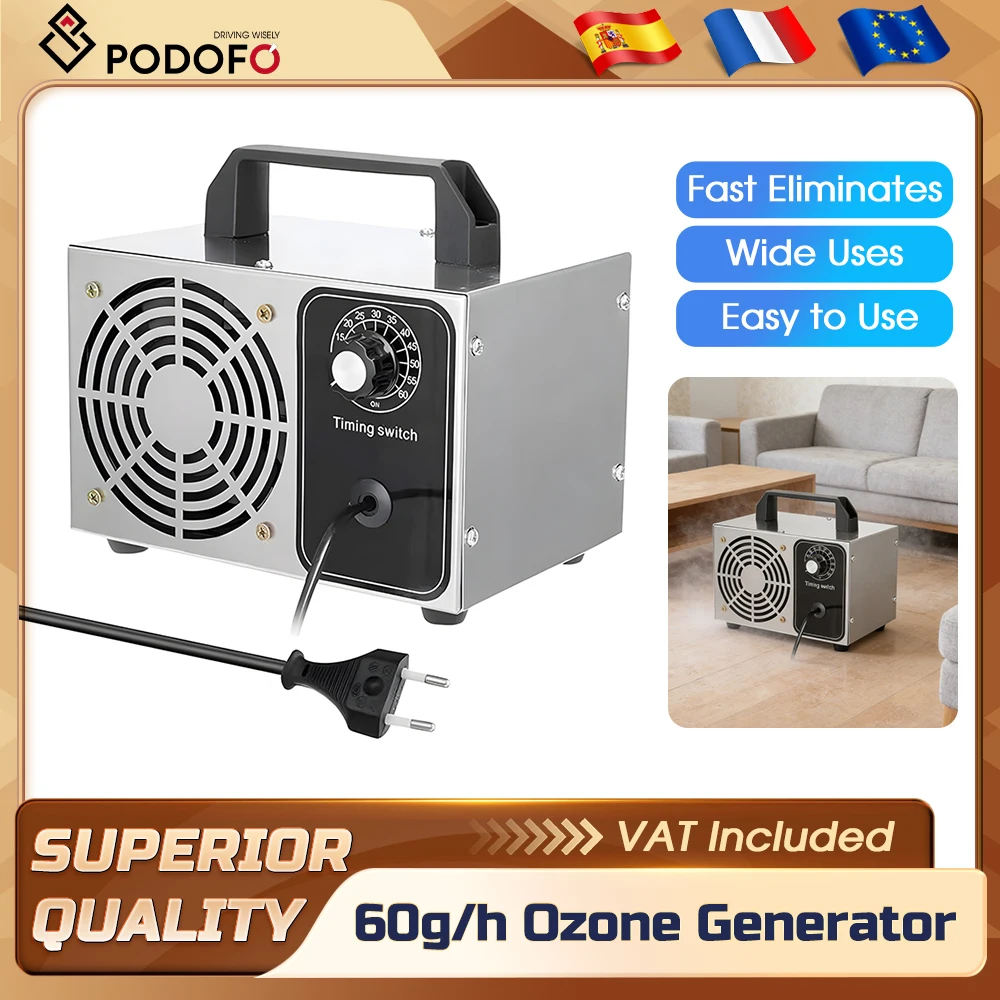 Generador de Ozono Podofo de 60 g/h, Desodorizador de Gran Área de 50 m³/h, Máquina de Ozono de Alta Capacidad con Temporizador, Purificador de Aire para Hogar y Oficina