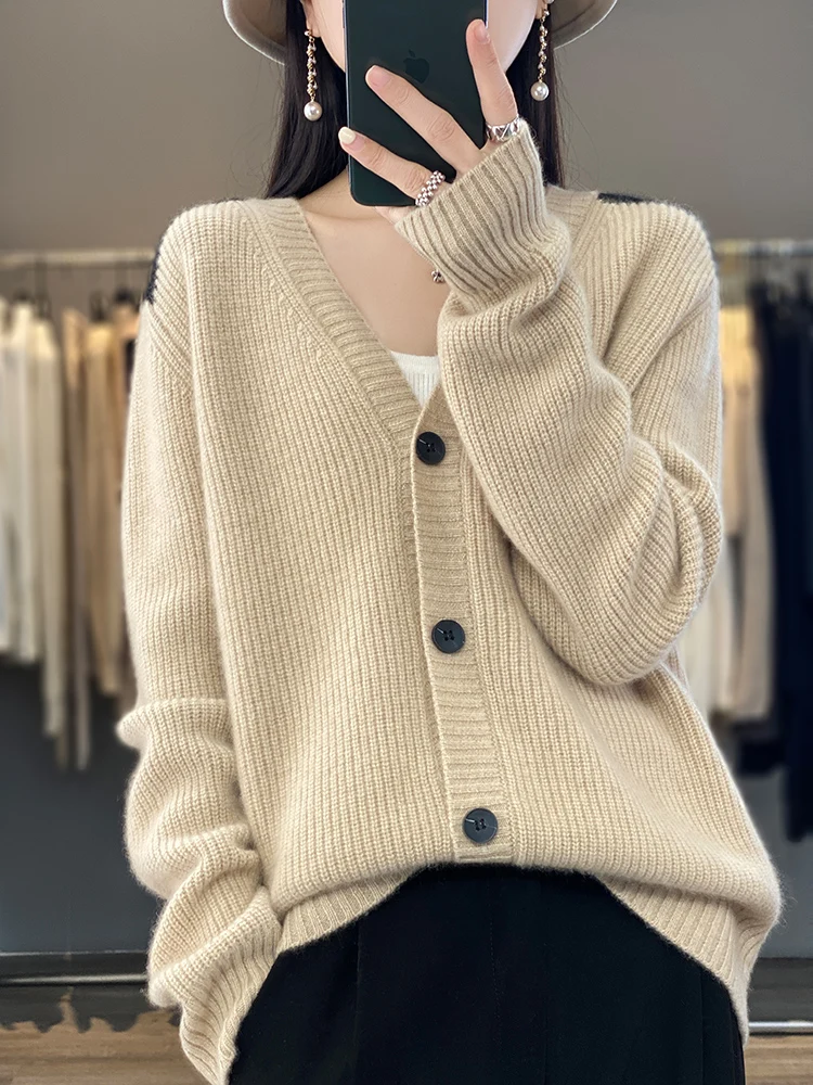 

Aliselect 100%Merino Wool Cardigan V-Neck Long Sleeve High Quality Cashmere Knitwears Autumn Winter Women's Sweater Vintage Tops