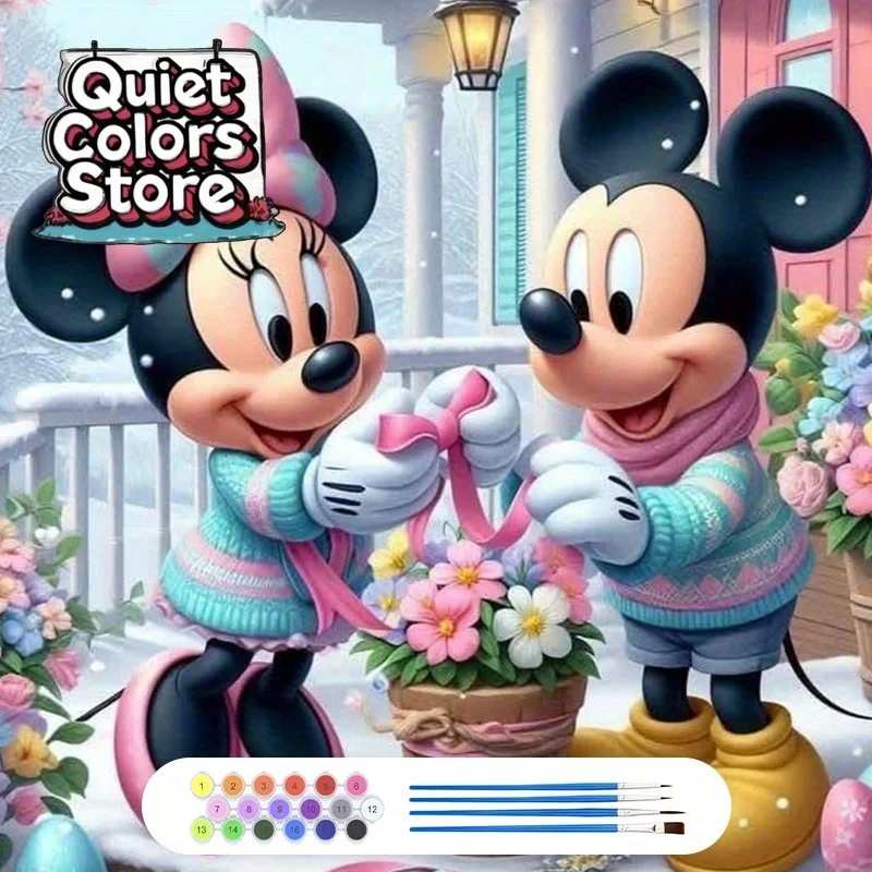 (Quiet Colors Store)1pc, Adult Paint by Numbers Kit - Disney Mickey and Minnie in Sweaters, 40×40cm/15.7x15.7 Inches, Living Ro