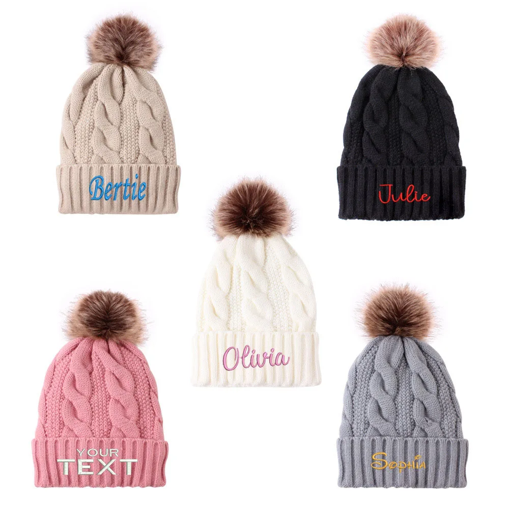 Personalized Thick Warm Winter Knitted Women's Hat Girls Big Pompom Solid Color Twist Beanies Hat Wool Outdoor Caps For Women