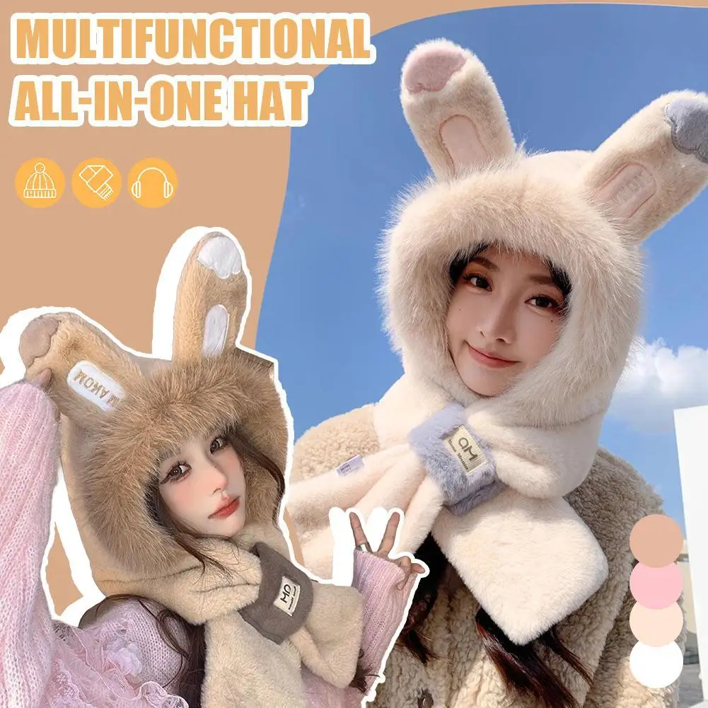 

Женская зимняя шапка с кроличьими ушками, милая плюшевая шапка-ушанка, съемный теплый шарф, Балаклава для езды на велосипеде, катания на лыжах