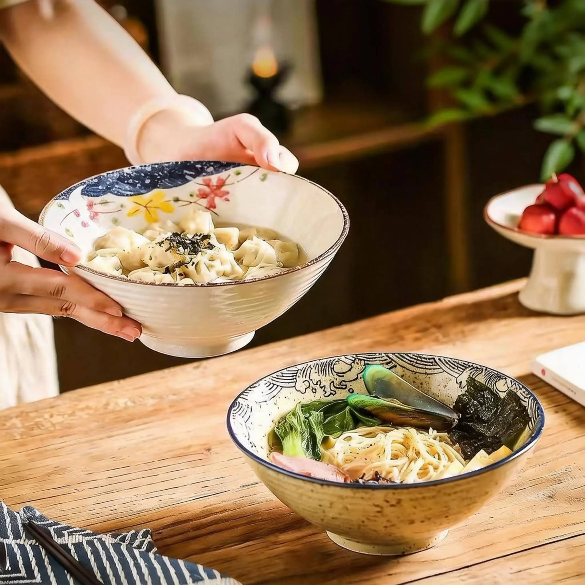 2Pcs 8 Inch Japanese Style Ceramic Pasta Bowls, 40.58oz(1200ml) Large Capacity Bowls for Soup and Ramen, Underglaze Color Design