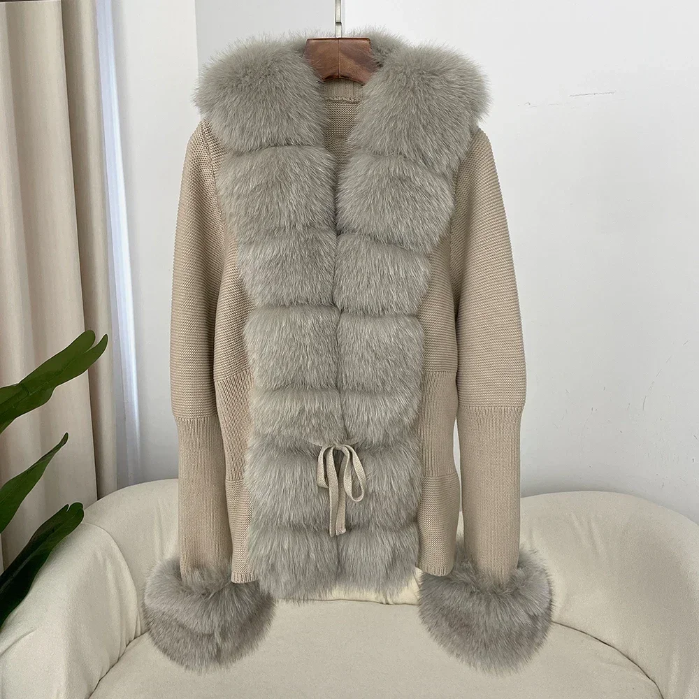 New Autumn-winter Women\'s Fur Coat Bandage Fur Cardigan Detachable Collar Jacket Fur Coat Luxury Patchwork Knitted Sweater