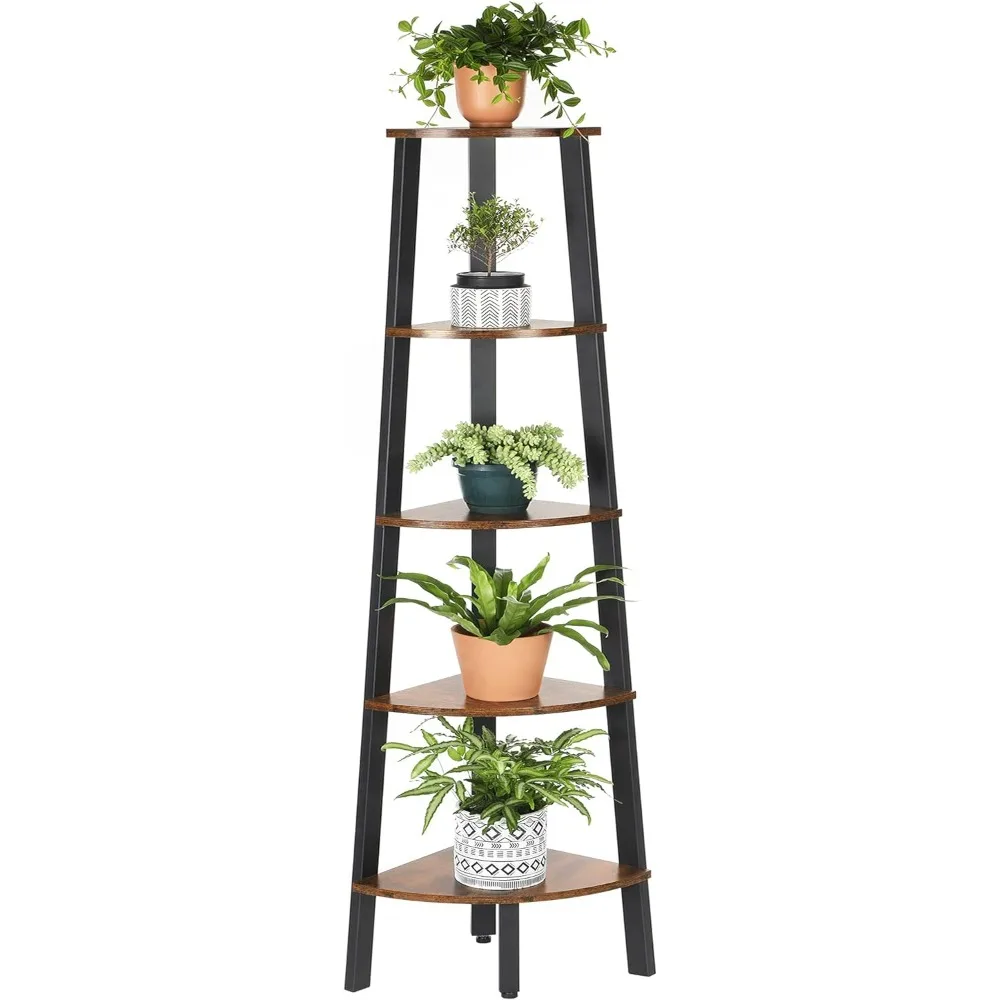 

Industrial Bookcase, 5-Tier Corner Shelf, Plant Stand Wood Look Accent Furniture with Metal Frame for Home and Office