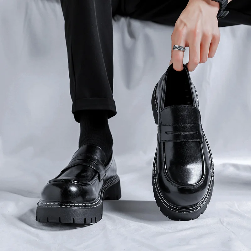 

Classic Platform Loafers Shoes Men Thick-soled Wedding Shoes Black Formal Business Shoes Slip-on Leather Increase Shoes