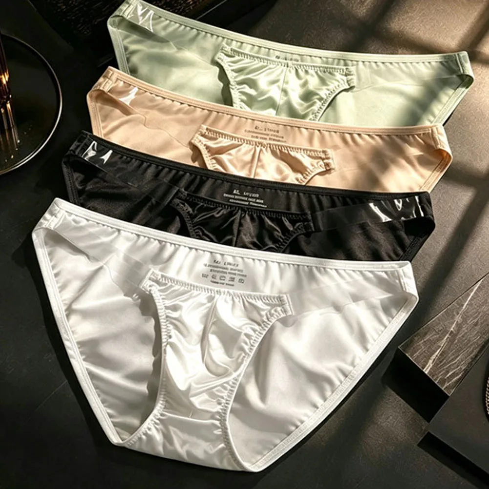 Men Ice Silk Smooth Glossy Briefs High Fork Transparent Belt Underwear Panties Youth Skinny Sports Breathable Bottoms