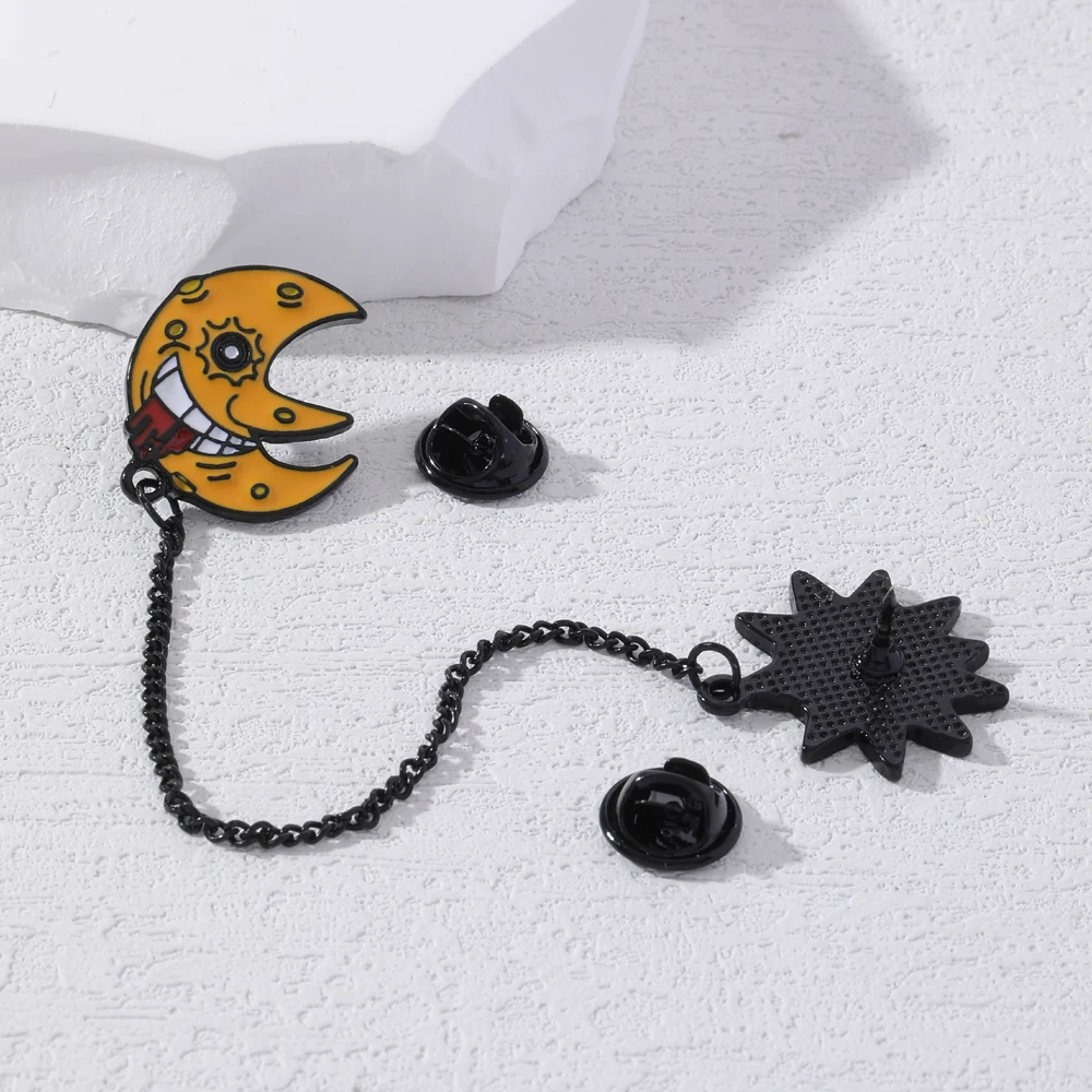 Classic Demon Smile Sun And Moon Enamel Pins Anime Soul Eater Long Chain Brooches For Fans Lovers Badge Bag Badge