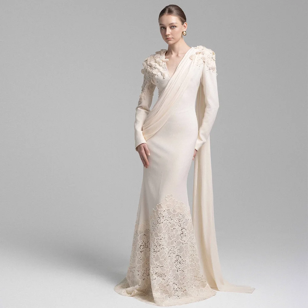 Delicate Appliques Lace Customized Evening Dress Classic V-Neck Long Sleeves Celebrity Gowns Elegant Mermaid Vestido De Festa