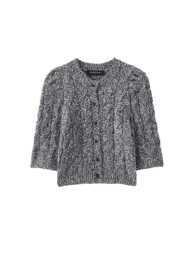 

European style new women's fashion versatile single-breasted sweater, round neck, puff short sleeve knit cardigan