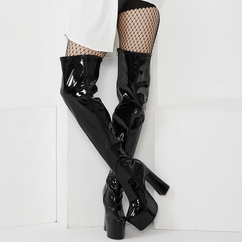 jialuowei Over-the-Knee Boots Womens Square Block Heel Platform Side Zipper Autumn Winter Thigh Boots 15CM High Heels Size 36-46