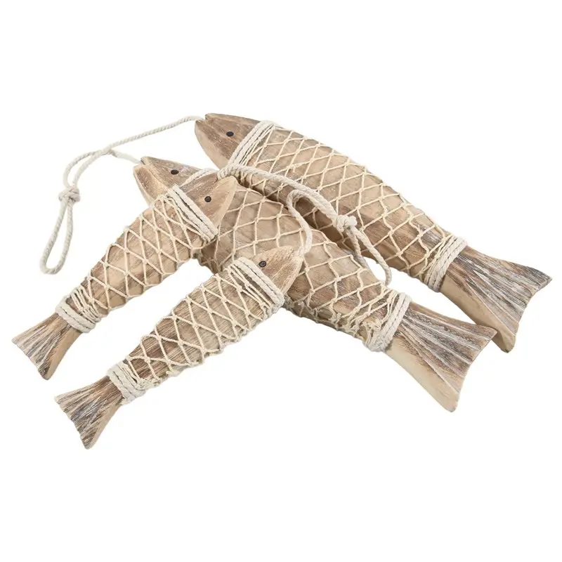 ABKS-4 Pack Antique Hand Carved Decor Wood Fish Sculpture Decor Ornament With Fishing Net