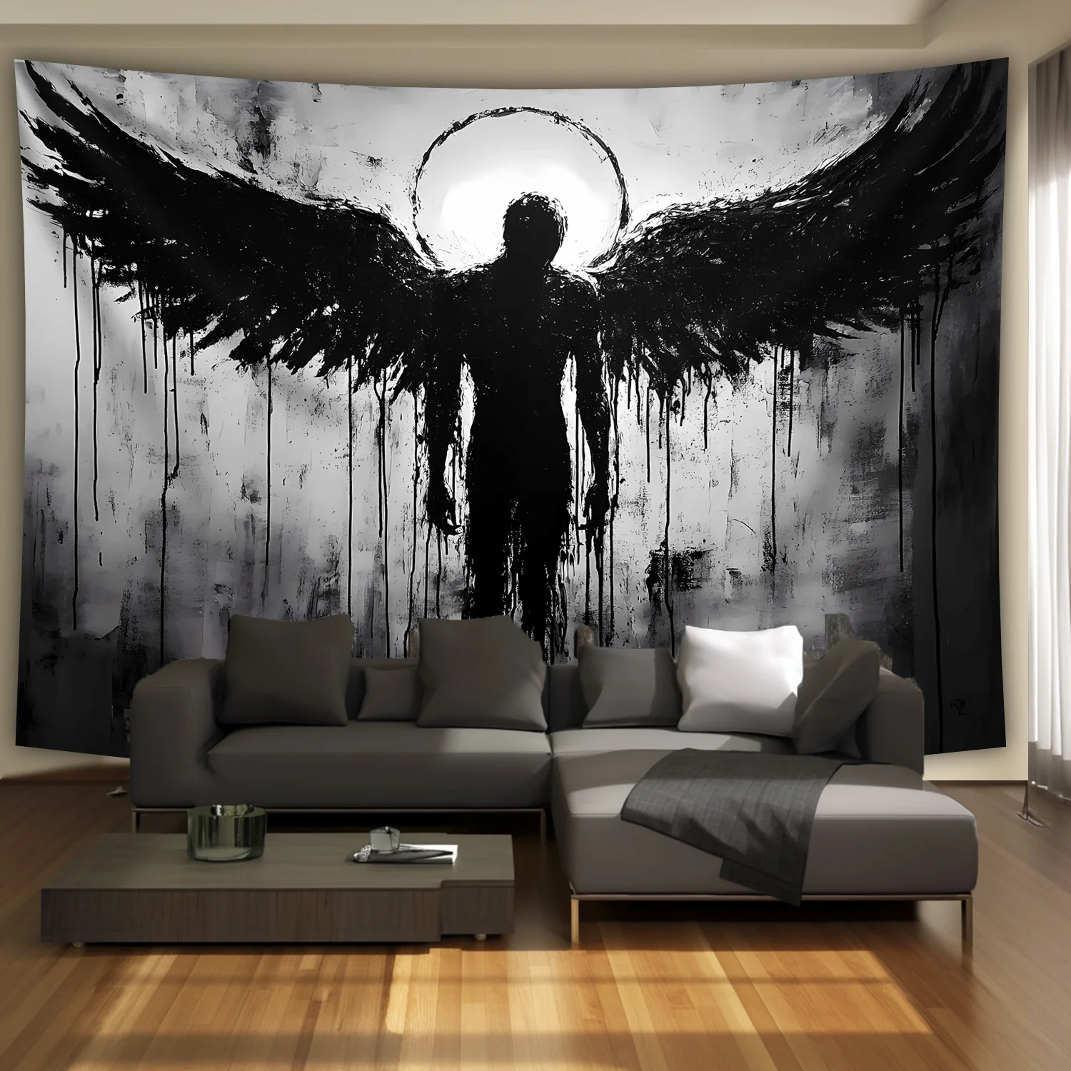Black Angel Landscape Tapestry , Wrinkle-Resistant, with Clips, Art Wall Hanging for Living Room, Bedroom, Office Decor