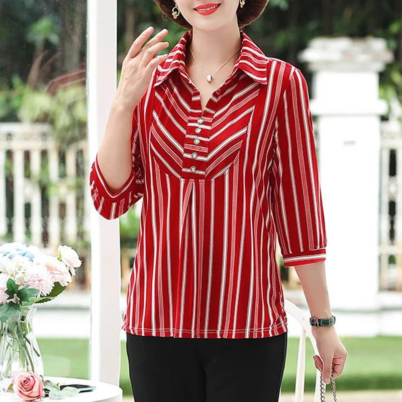 Summer New POLO Collar Fashion Three Quarter Blouse Women Elegant Casual Loose Pullovers Button Patchwork Striped Printing Tops