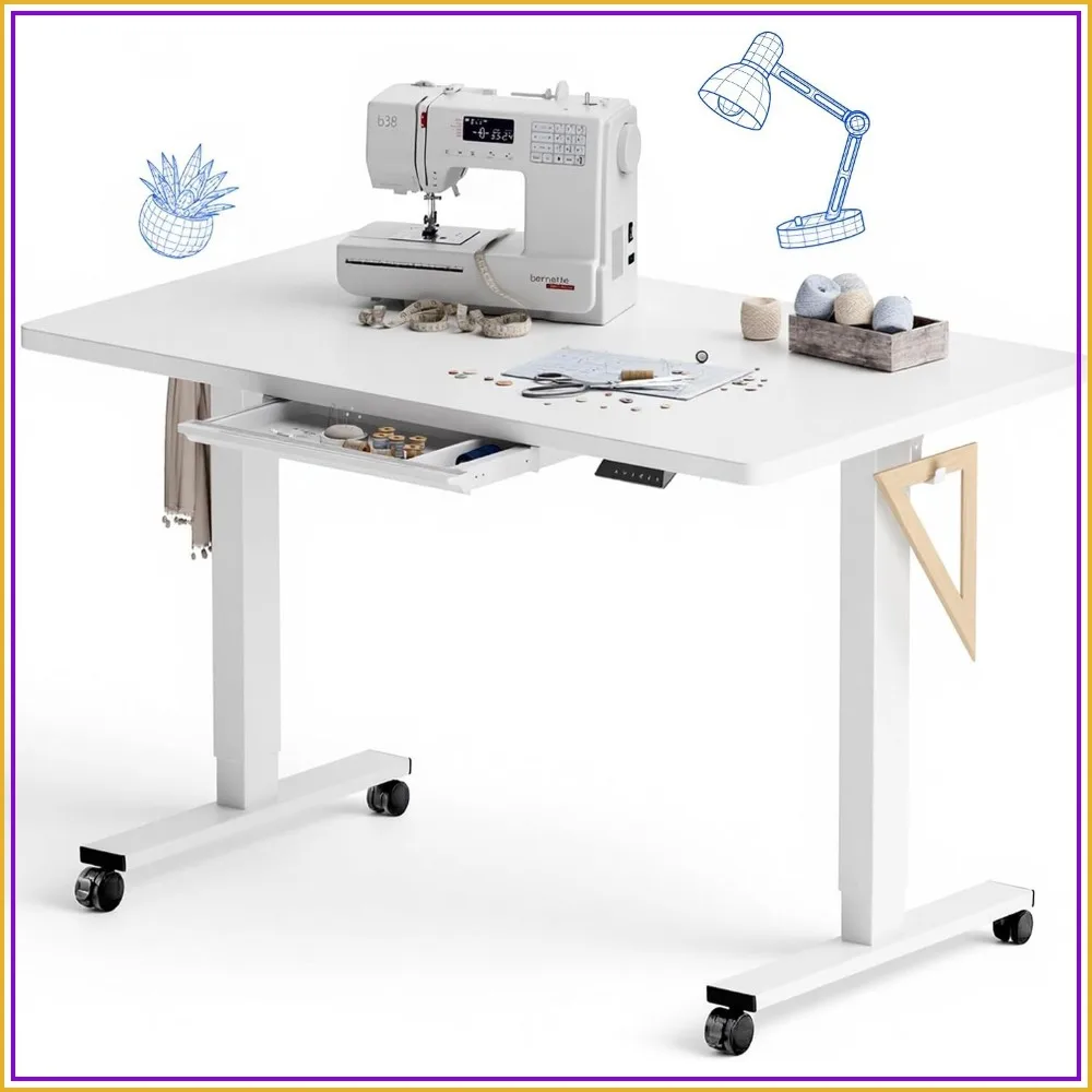 Electric Adjustable Workbench 48x30 with Drawer and Wheels for Garage Workshop Office, White