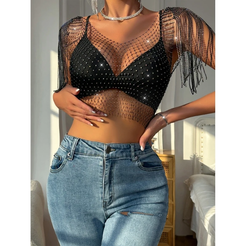 Women Sexy Rhinestones Mesh Tanks Top See Through Hollow Crop Top Party Clubwear