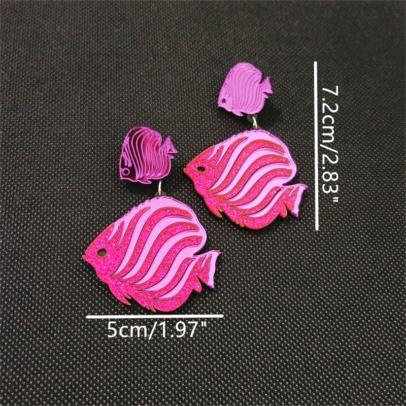 KUGUYS-pendientes de espejo de verano con peces tropicales a rayas para mujer, joyería acrílica con purpurina azul, Rosa caliente, accesorios de moda