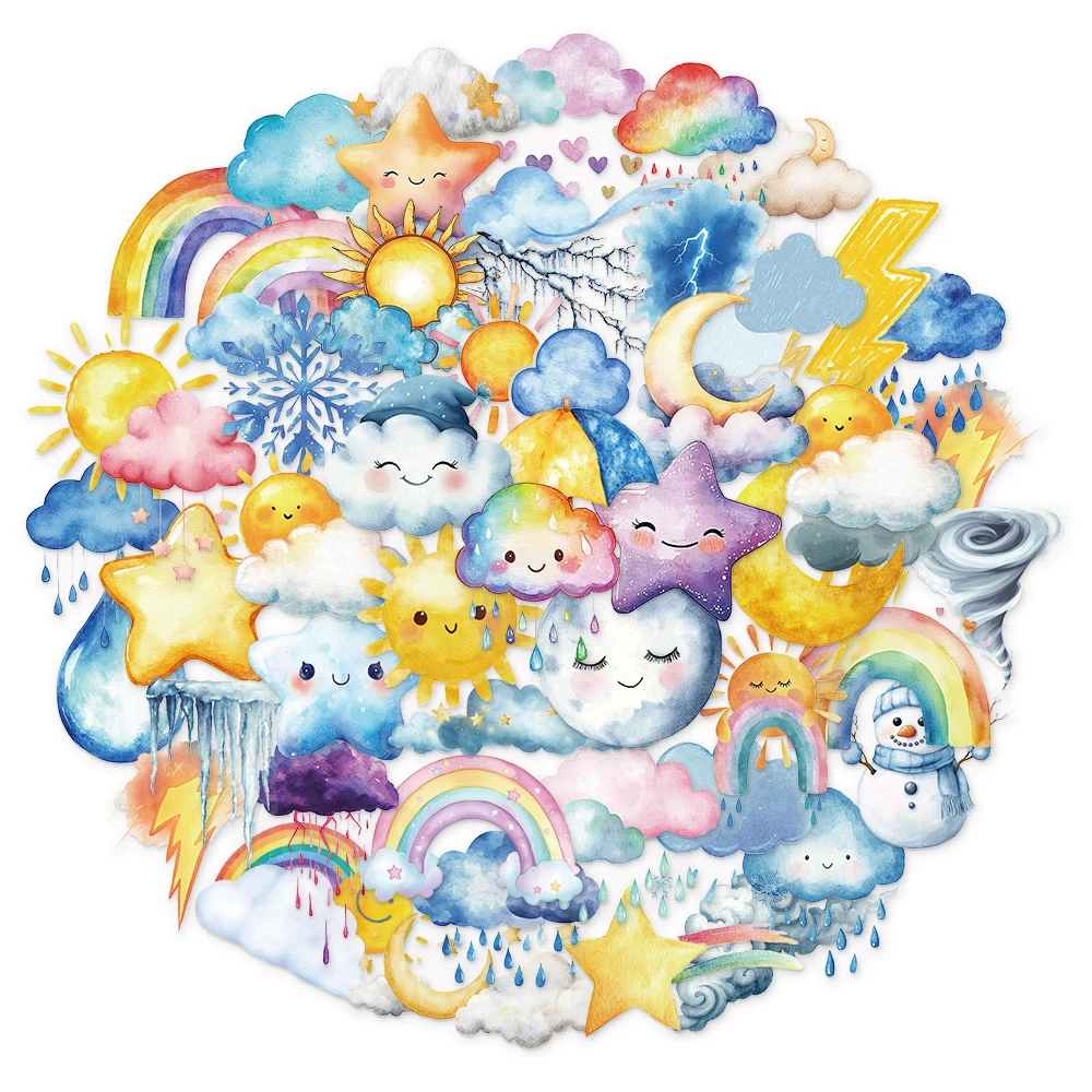 50PCS Creative Watercolor Weather Fun Transparent PET Sticker Set DIY Booklet Decoration Notebook Tablet Toy Stickers