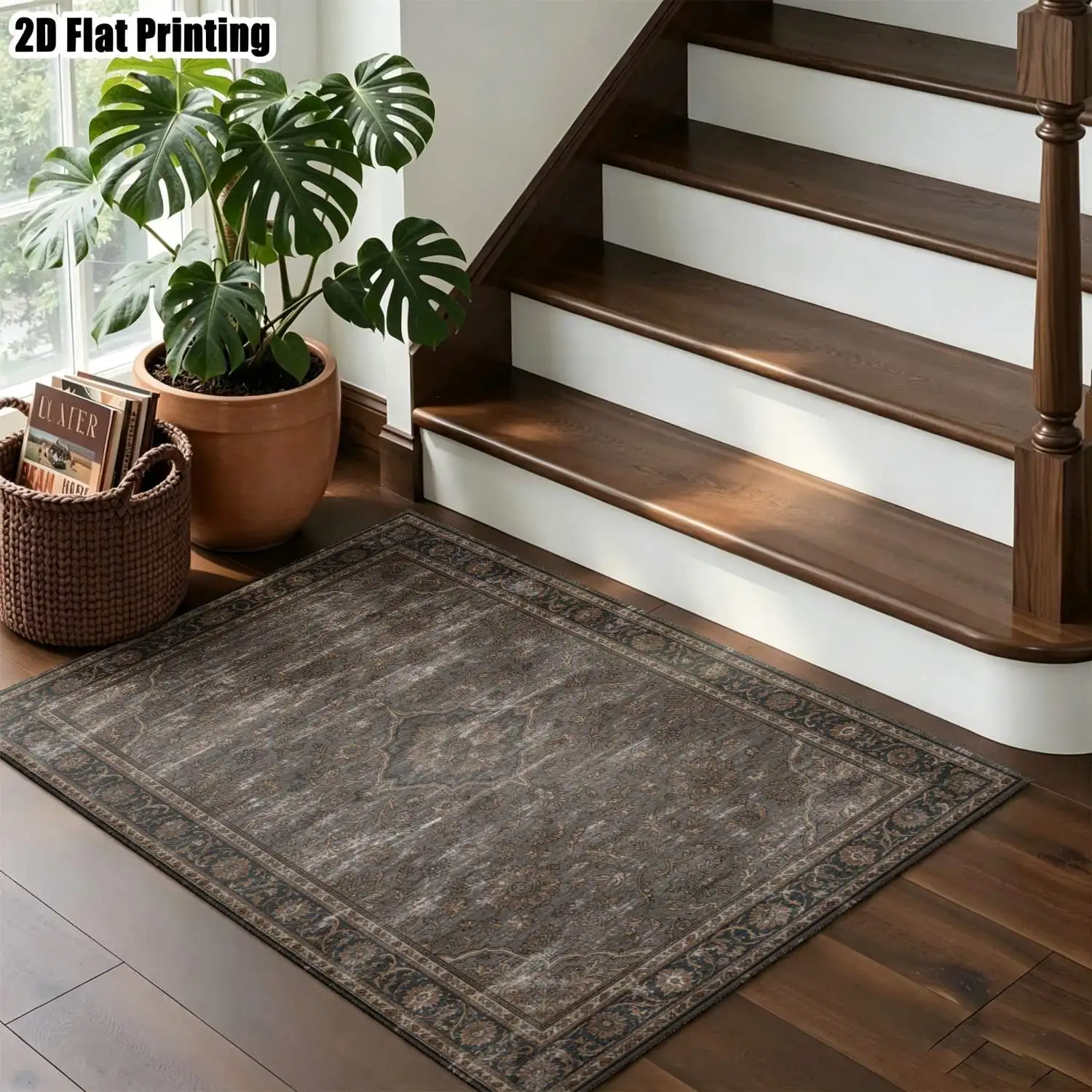 1Pc 2D Printed Retro Brown-Grey Geometric Carpet, Boho/European Vintage Floor Mat, Home Decor, Multi-Size, Machine-Washable For Entrance, Dining, Foyer, Bedroom, Living Room.