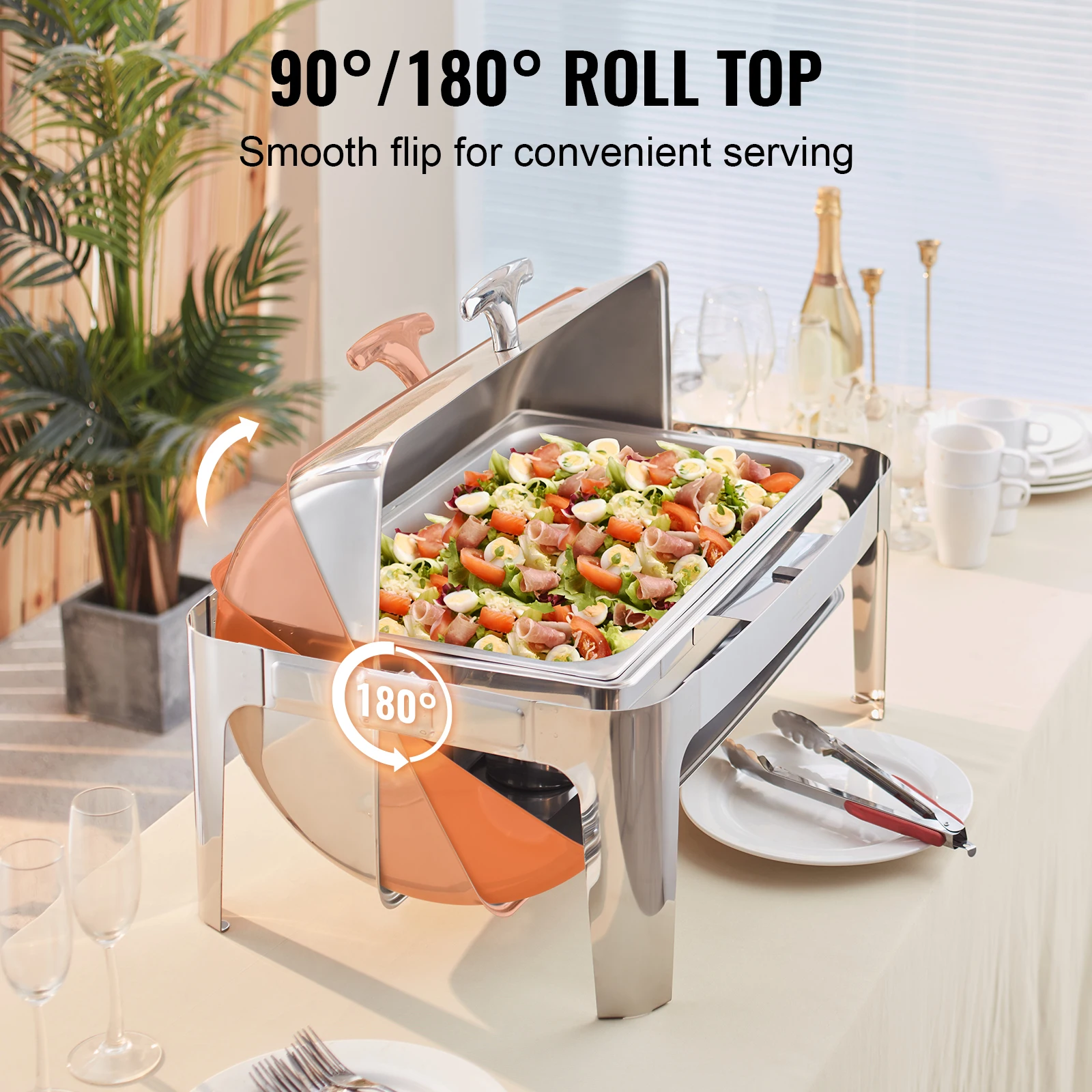 VEVOR Roll Top Chafing Dish Buffet Complete Set 8 Qt Stainless Steel Chafer with Full Size Pan Rectangle Catering Warmer Server