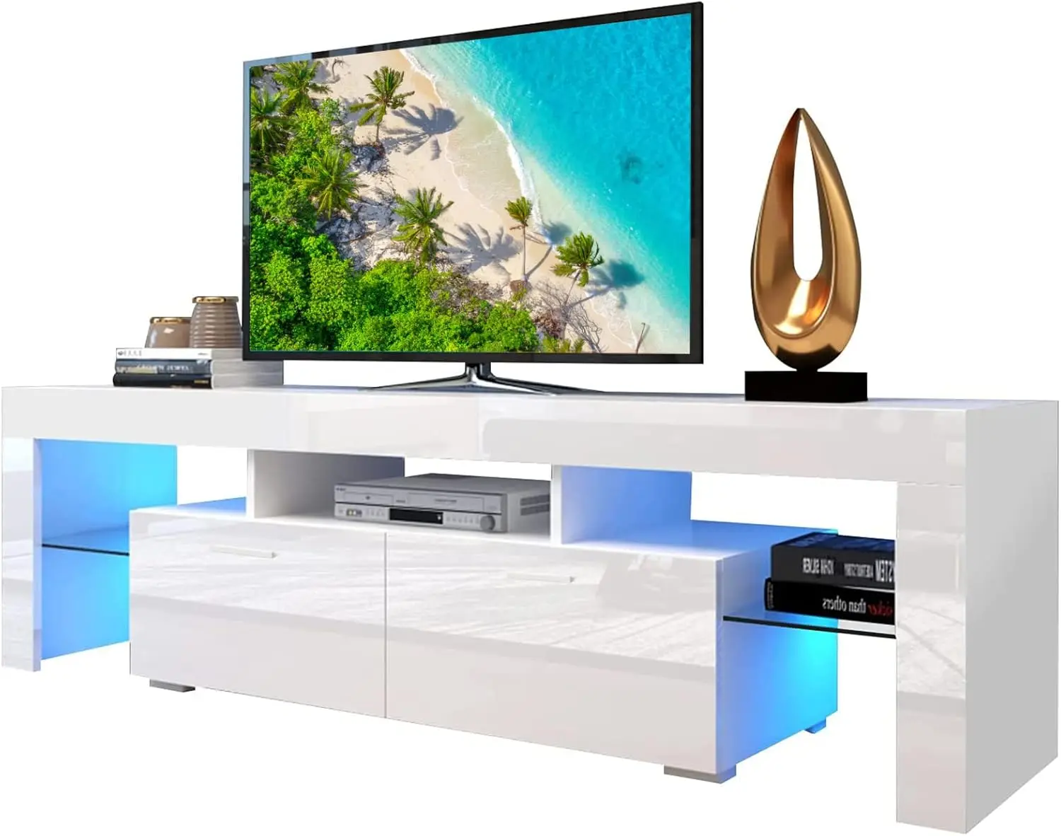 

LED TV Stand for 70 inch TV, Modern TV Stand with LED Lights and High Glossy Cabinets, White TV StandWhite 18" H X 63" W X14' D