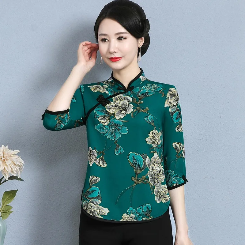 Spring and summer three-quarter sleeve Tops Women Blouse Traditional Vintage Chinese printed cheongsam collar Shirt