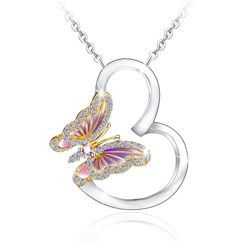 Fashion Gorgeous Ladies Silver Peach Heart Purple Butterfly Pendant Jewelry Gift