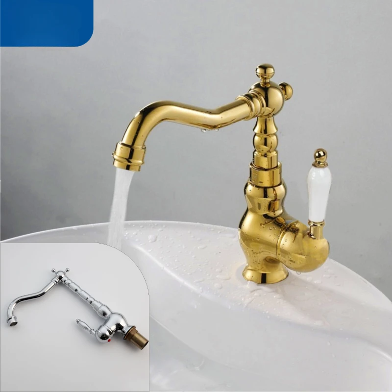 Ceramic Handle Copper Faucet Basin Hot and Cold Golden Vintage Villa Washing Basin