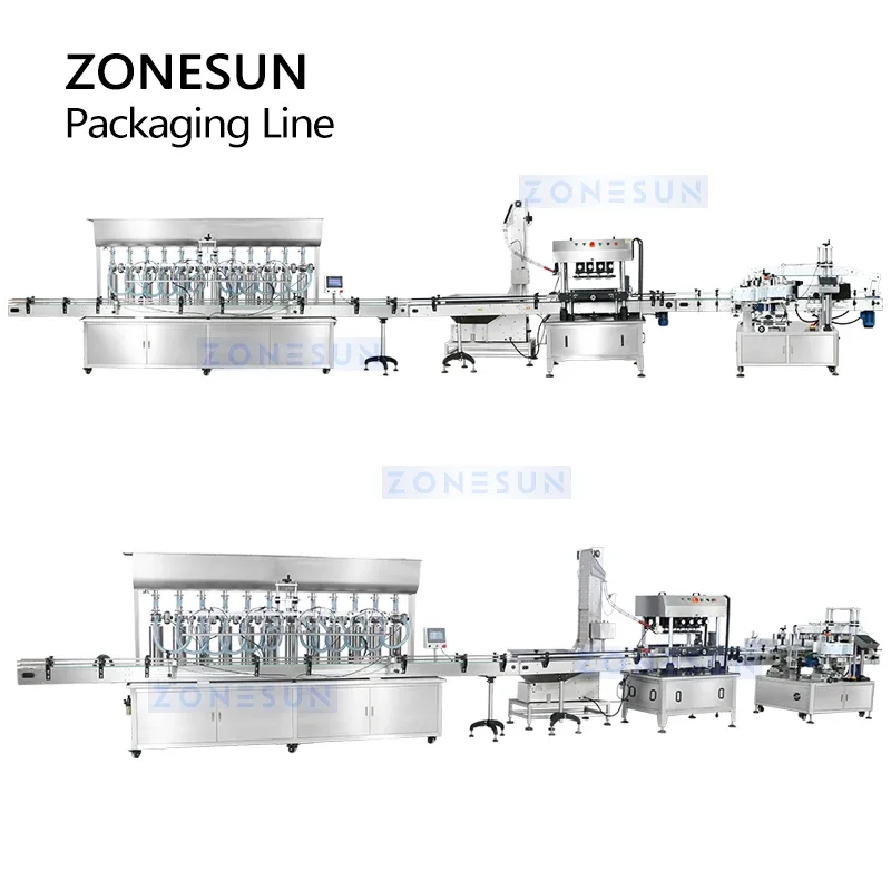 Zonesun linha de produção de embalagens de garrafas 5l, enchimento de óleo, tampando, garrafas planas redondas, máquina de rotulagem dupla ZS-FAL180Z4