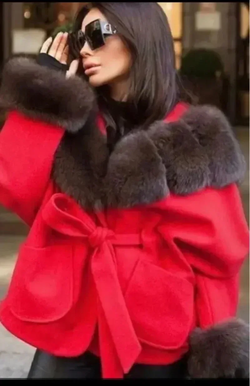 

MENINA New Autumn Winter Korean Style Fashion Versatile Loose Strap Hooded Fox Fur Collar Double-sided Woolen Coat for Women