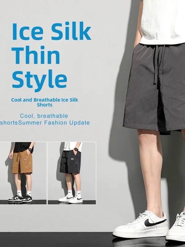 

Ice Silk Men's orts Summer Thin Faion Sports Qui Dry Casual Mid-Pants Beachwear Five-Quarter Length Straight Leg Pants