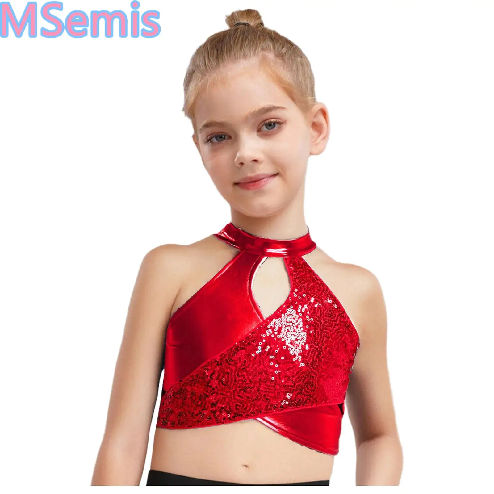 

Kids Girls Sparkly Sequins Dance Vest Jazz Latin Ballroom Dance Tops Cross Keyhole Metallic Crop Top Dancewear Dance Costume