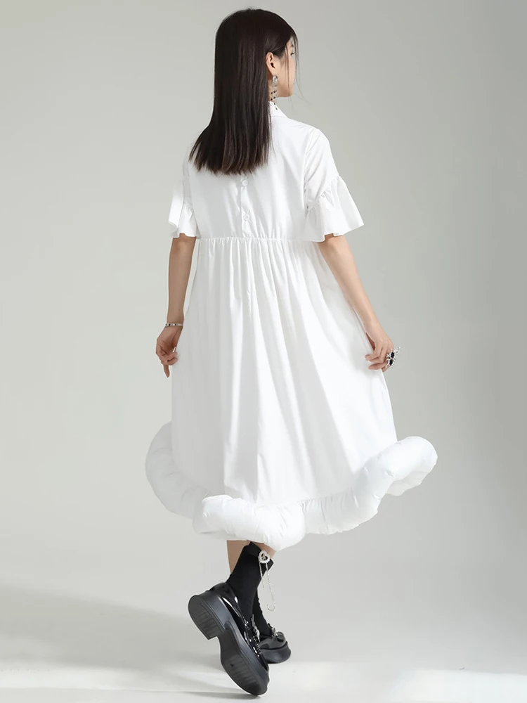 [EAM] Women White Pleated Hem Ruffles Big Size Shirt Dress New Lapel Short Sleeve Loose Fit Fashion Spring Summer 2024 1DF7190