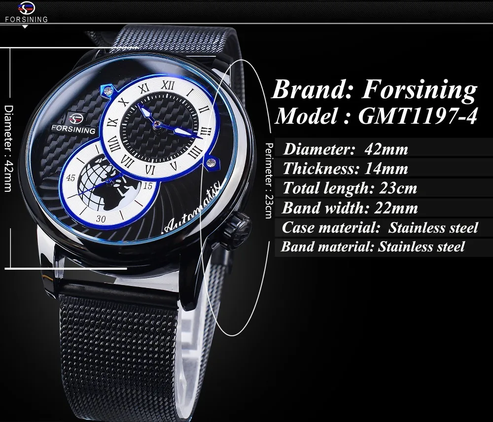 Forsining Top Brand 2 Eyes Men's Skeleton Automatic Mechanical Watch Fashion Casual Style With Steel Mesh Single Second Drive