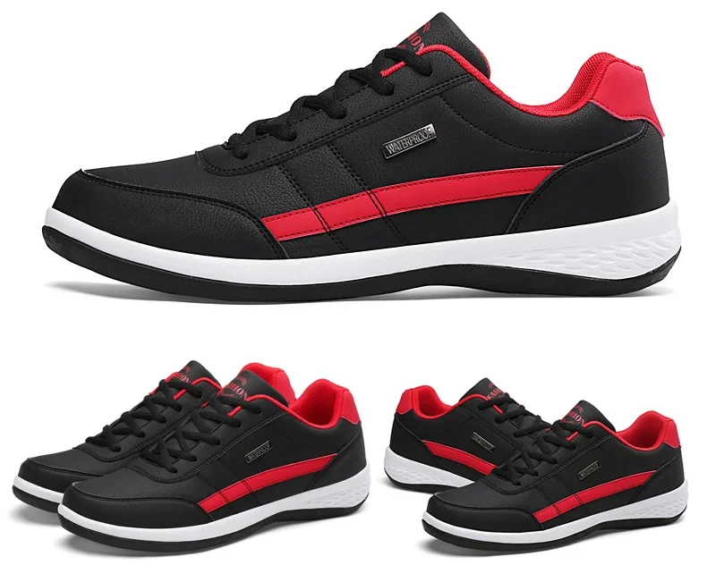 men waterproof leather casual sneakers in black and red with white soles featuring a sleek design accented by bold red stripes and matching lining