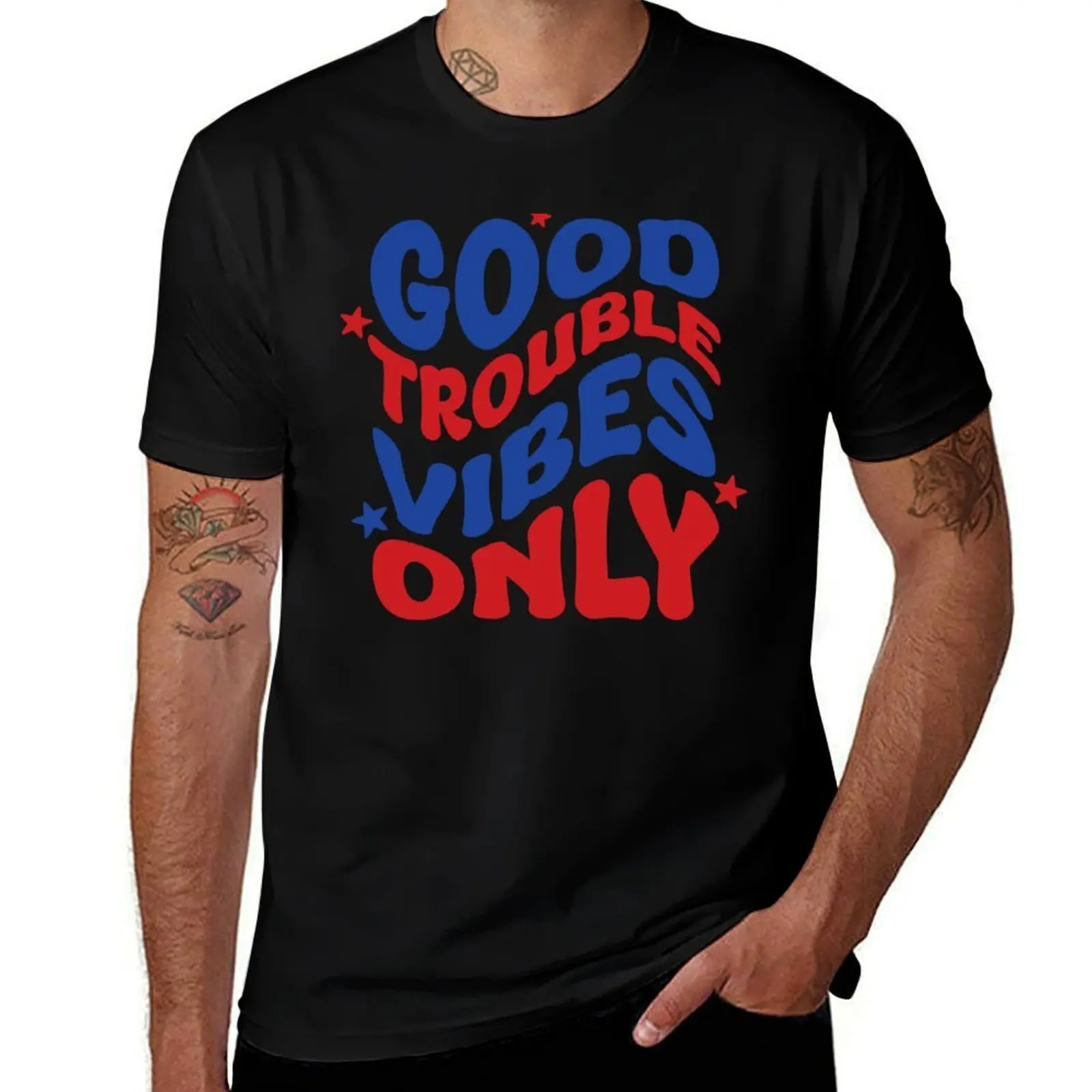 

Patriotic Design- Good Trouble Vibes Only T-Shirt blue archive sports fans mens funny t shirts