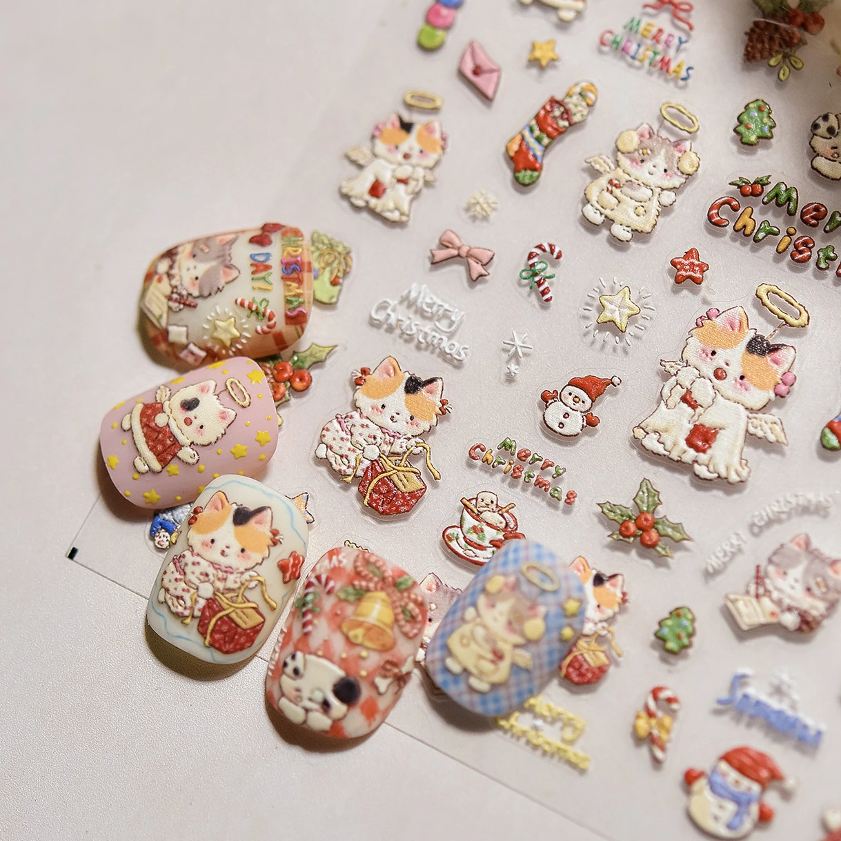 Cat Kitten Star Tree Bell Angel Bowknot Snowman Envelope Pinecone Bone Adhesive Nail Art Stickers Cup Rhinestone Manicure Decals