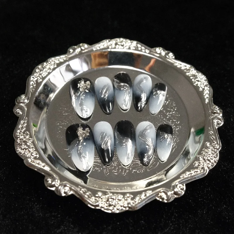 

10PCS Blue Black Gradient French Handmade False Nails Sweet Cool Metallic Silver Patterns Almond Press on Nails Full Cover Nails